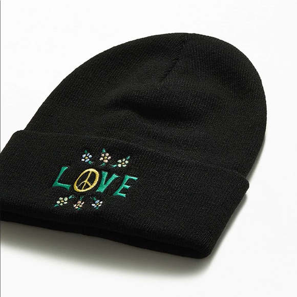 Coney Island Picnic Love Beanie Embroidered Peace Symbol Black NEW - Picture 3 of 7